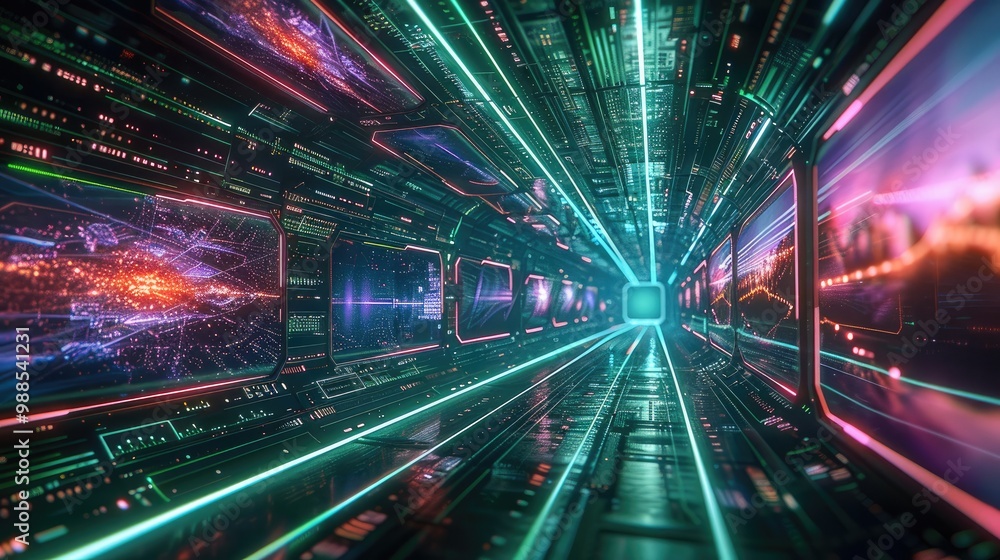 Small monitors showing various landscapes are transmitted at high speed along with green and purple linear light in a digital virtual space. Small monitors showing various landscapes are transmitted at high speed along with green and purple linear light in a digital virtual space.