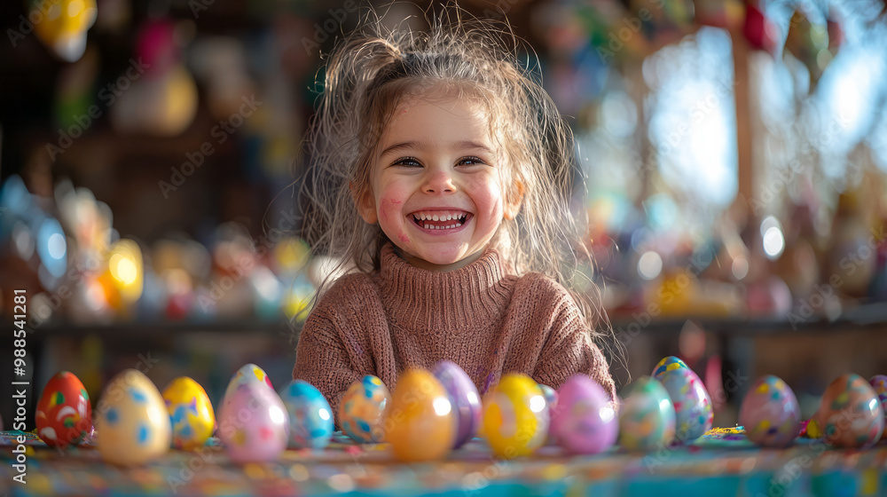 Fototapeta premium Children laughing as they paint colorful Easter eggs at a table covered in decorations,