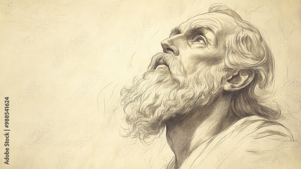 Fototapeta premium Wisdom and Foreknowledge Illustrated - God in The Heavenly Court Gazing Towards Earth, Beige Background