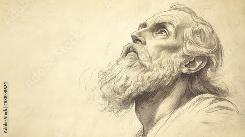 Wisdom and Foreknowledge Illustrated - God in The Heavenly Court Gazing Towards Earth, Beige Background