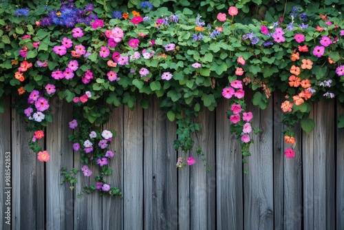 A rustic wooden fence lined with climbing ivy and colorful flowers, the plants cascading over the fence