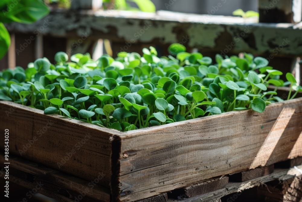 Micro Green. Fresh Arugula Microgreen in Wooden Box for Healthy Eating Micro Green. Fresh Arugula Microgreen in Wooden Box for Healthy Eating