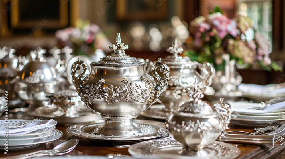 Ornate silver tureens with cream of mushroom soup. Victorian dining room scene. with space for text Ornate silver tureens with cream of mushroom soup. Victorian dining room scene. with space for text