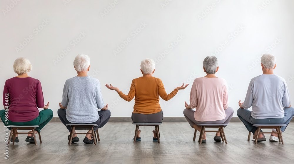 Group of seniors in a chair yoga class, instructor demonstrating a pose ...