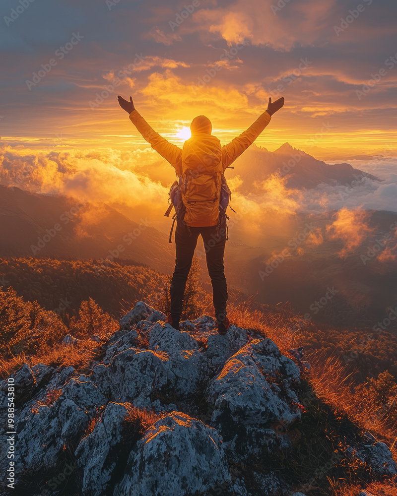 A person standing on a mountaintop at sunrise, arms raised in triumph, A person standing on a mountaintop at sunrise, arms raised in triumph,