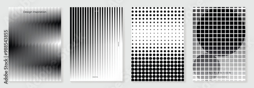 Abstract monochrome gradient poster background vector set. Modern cover template with black and white perspective geometric  prism shape, halftone dot. Ideal design for social media, banner, ads.