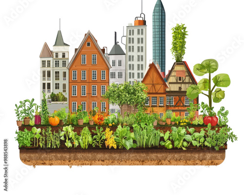 Colorful urban garden with buildings and diverse vegetables on a white background. photo