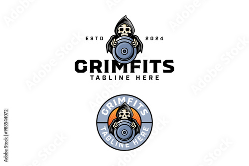 grim reaper with barbell plates colorful badge logo design set for gym fitness sport champion. skull reaper with weight bumper plate illustration logo template for bodybuilding, weightlifting club