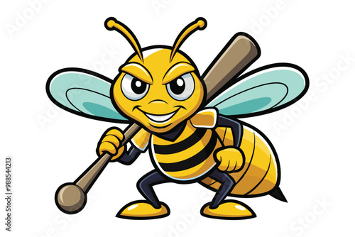 A cartoon bee mascot confidently holds a baseball bat, ready for fun and sportsmanship, a cartoon character BEE WITH STICK BASEBALL MASCOT