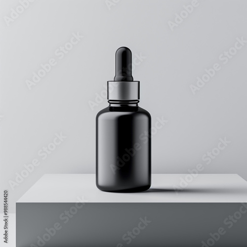  glass bottle with a dropper lid made of black. There is a transparent liquid within the bottle. There's a solid gray surface upon which the bottle rests. An assortment of amber glass jars and bottles