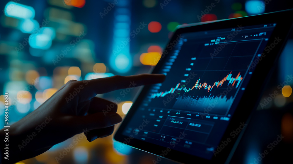 A person tracking the stock market on an iPad, with financial charts and graphs displayed above. A person tracking the stock market on an iPad, with financial charts and graphs displayed above.