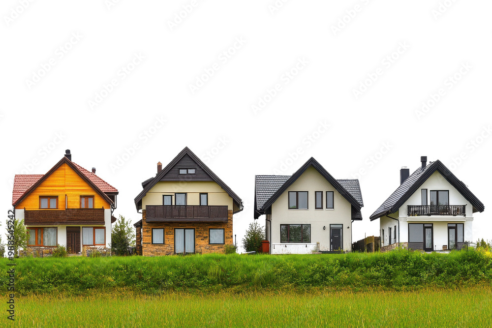 Four diverse homes on a grassy field, isolated on a white background. Four diverse homes on a grassy field, isolated on a white background.
