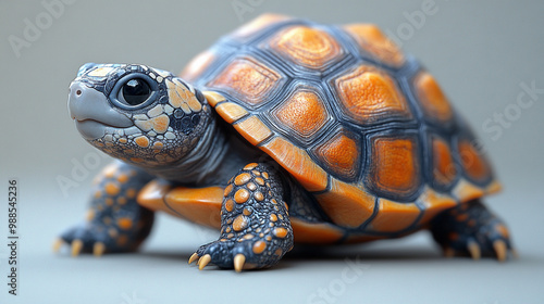 A detailed and colorful representation of a tortoise resting against a neutral background, showcasing its unique patterns and textures. photo