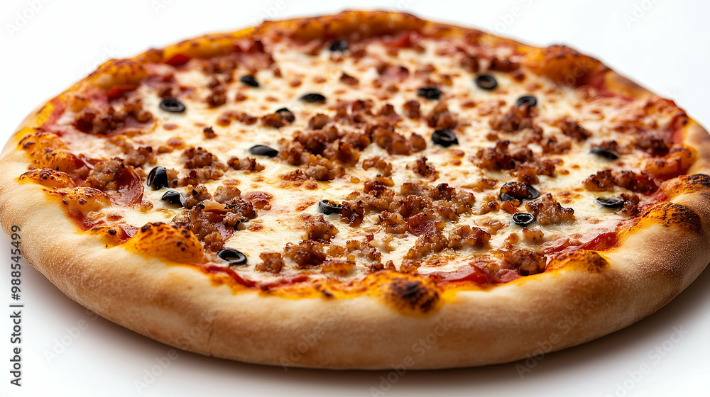 A delicious pizza topped with savory sausage crumbles, black olives, and melted cheese on a perfectly baked crust. A classic combination of flavors for pizza lovers. A delicious pizza topped with savory sausage crumbles, black olives, and melted cheese on a perfectly baked crust. A classic combination of flavors for pizza lovers.