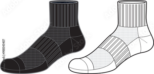 Sock tech pack template flat sketch fashion illustration mock up cad drawing for unisex men's and women's football sock design. Low calf length socks drawing.	