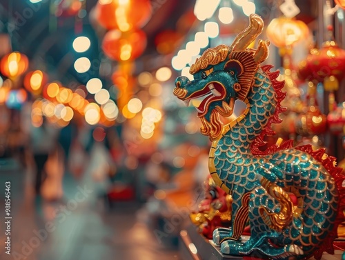 Crisp focus on Chinese zodiac animal decorations with blurred bustling market in the background