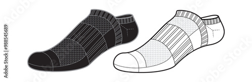 Ankle socks tech pack template flat sketch fashion illustration mock up cad drawing for unisex men's and women's sock design. No show socks drawing.	