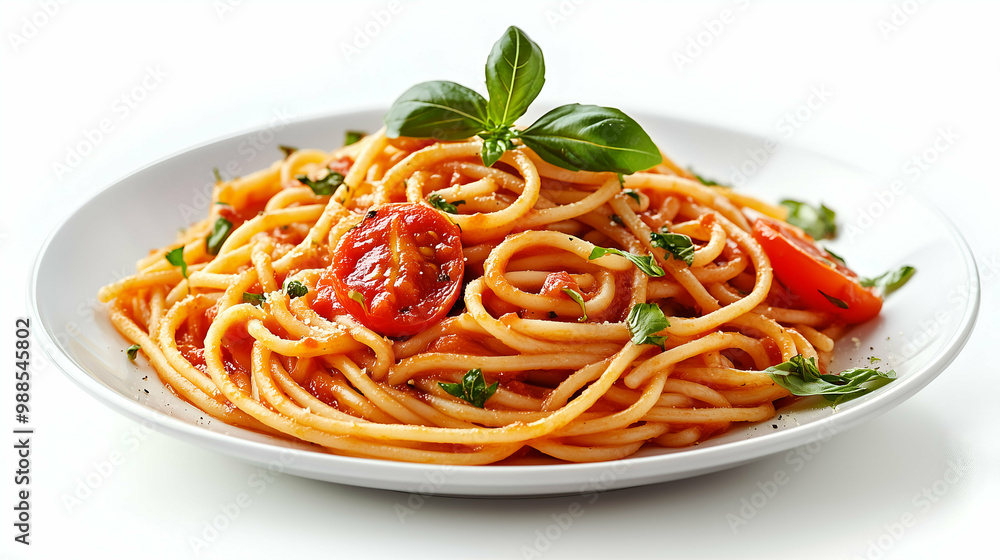 A plate of perfectly cooked spaghetti coated in a rich tomato sauce, topped with fresh basil leaves and a sprinkle of parmesan cheese. A simple yet flavorful Italian dish. A plate of perfectly cooked spaghetti coated in a rich tomato sauce, topped with fresh basil leaves and a sprinkle of parmesan cheese. A simple yet flavorful Italian dish.