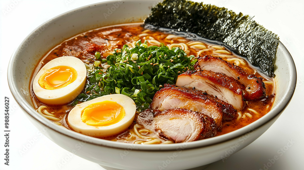 A rich and savory bowl of ramen, featuring tender slices of chashu pork, a perfectly cooked soft-boiled egg, fresh green onions, and nori seaweed. A rich and savory bowl of ramen, featuring tender slices of chashu pork, a perfectly cooked soft-boiled egg, fresh green onions, and nori seaweed.