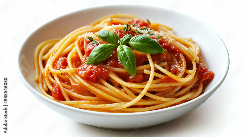 A bowl of classic spaghetti topped with rich tomato sauce, garnished with fresh basil leaves. The vibrant red sauce and perfectly cooked pasta make for a simple yet delicious Italian meal. A bowl of classic spaghetti topped with rich tomato sauce, garnished with fresh basil leaves. The vibrant red sauce and perfectly cooked pasta make for a simple yet delicious Italian meal.