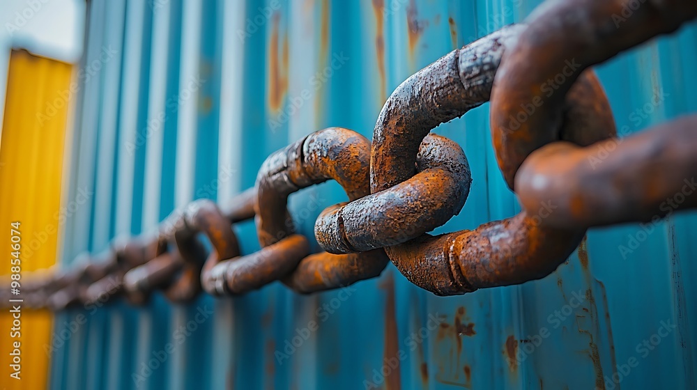 Closeup of Rusty Chain on Blue and Yellow Metal Background - Photo Closeup of Rusty Chain on Blue and Yellow Metal Background - Photo