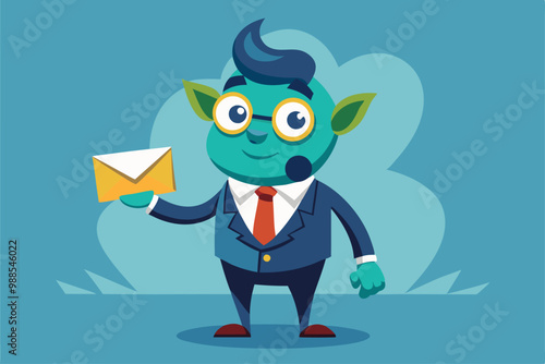 A cartoon businessman character presents an envelope with a friendly smile in a bright setting, a cartoon character Businessman holding envelope