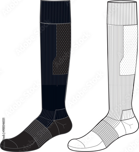 High Sock tech pack flat sketch template cad illustration drawing unisex knee length sock drawing