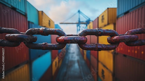 Rusty Chain Close Up in Front of Colorful Shipping Containers Illustration