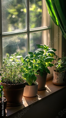 A small herb garden on a windowsill with pots of basil, rosemary, thyme, and mint, the plants thriving in the soft morning sunlight, ready to be picked