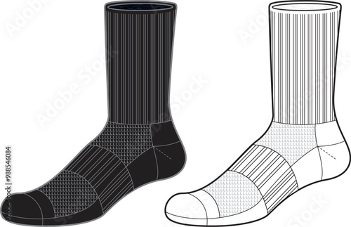 Sock tech pack flat sketch template cad illustration drawing unisex mid calf length sock drawing