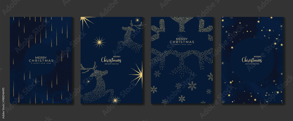 Obraz premium Christmas invitation card art deco design vector. Christmas reindeer, snowflake in spot texture on watercolor blue background. Design illustration for cover, poster, wallpaper, greeting card. 
