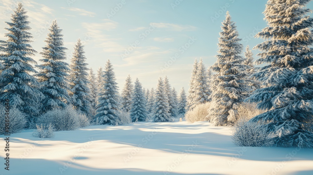 Obraz premium A peaceful winter scene of a snow-covered forest, with tall pine trees blanketed in snow under a pale blue sky.