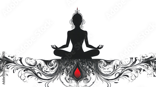 Meditation silhouette with intricate design and red element, white isolate background.