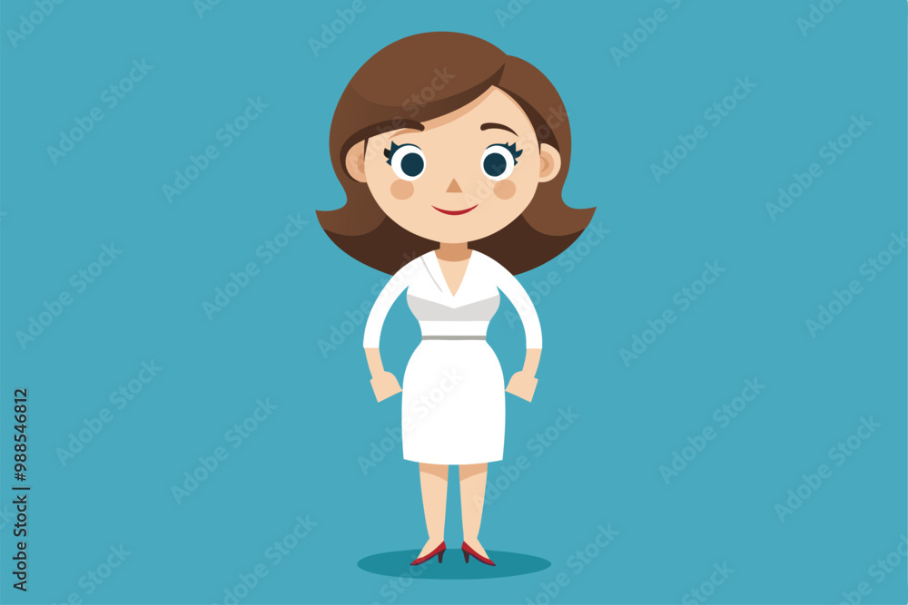 A cartoon character businesswoman in a white dress stands with confidence on a solid blue background, a cartoon character businesswoman in white dress A cartoon character businesswoman in a white dress stands with confidence on a solid blue background, a cartoon character businesswoman in white dress