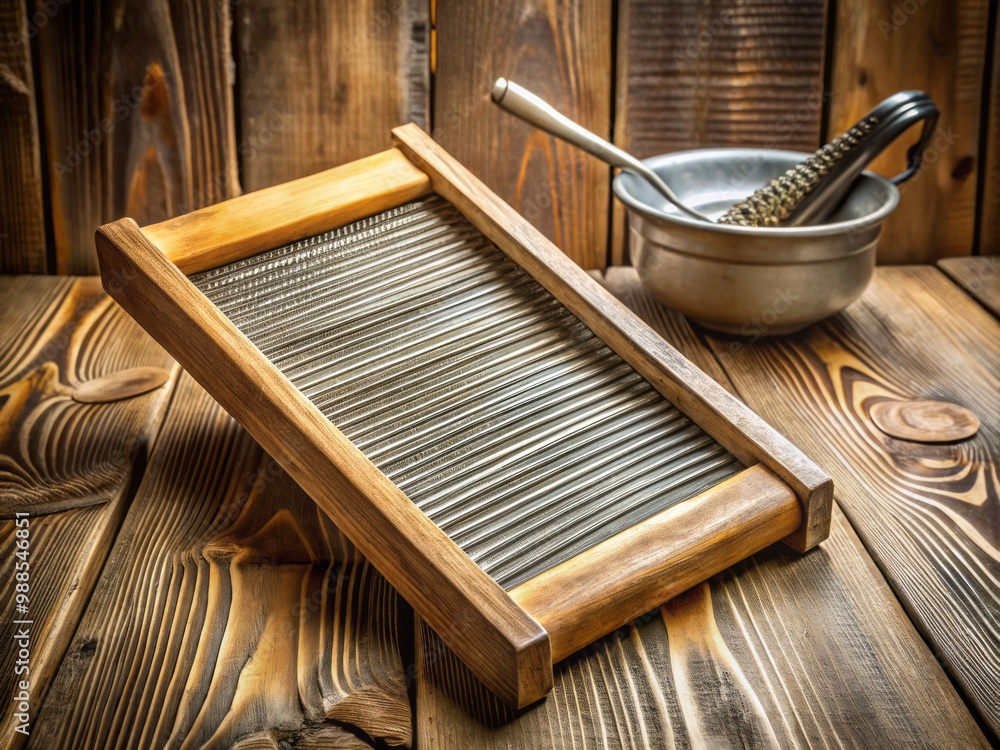 Weathered to perfection, the wooden washboard's grating showcases its age, its wooden handle bearing the signs of years Weathered to perfection, the wooden washboard's grating showcases its age, its wooden handle bearing the signs of years