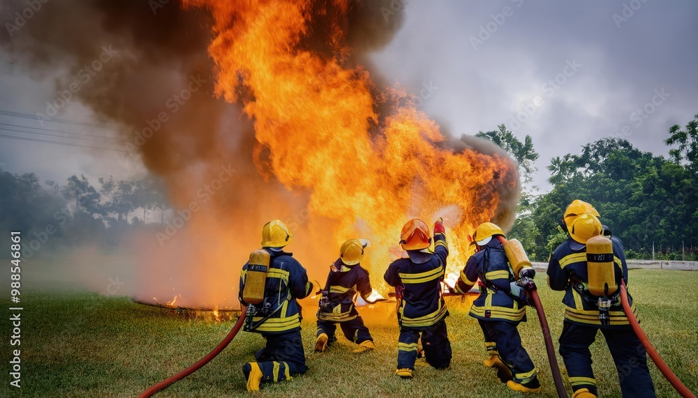 Firefighter Teamwork. Group of six firemen working together to ...