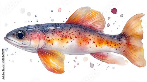 A vibrant illustration of a freshwater trout showcasing colorful scales and detailed fins against a light splash background.