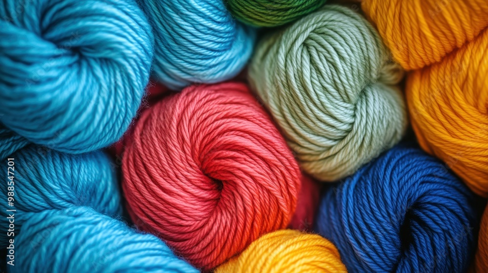 Close-up view of thick yarn skeins in vibrant colors, including blue, red, orange, yellow, and green, arranged together. Close-up view of thick yarn skeins in vibrant colors, including blue, red, orange, yellow, and green, arranged together.