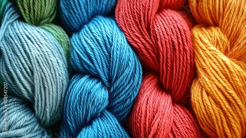 Close-up view of thick yarn skeins in vibrant colors, including blue, red, orange, yellow, and green, arranged together.