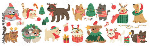 Merry christmas and happy new year concept background vector. Collection drawing of cute dogs and cats with decorative scarf, ribbon, hat. Design suitable for banner, marketing, shop, sticker, kids.