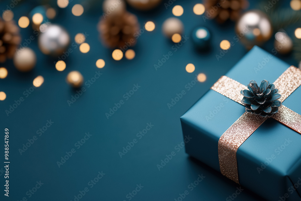 Elegant Christmas gift wrapped in teal with glittering gold ribbon and pinecone decoration, set against festive bokeh lights and ornaments. Elegant Christmas gift wrapped in teal with glittering gold ribbon and pinecone decoration, set against festive bokeh lights and ornaments.