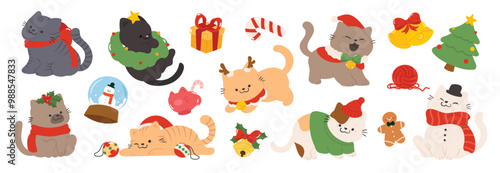 Merry christmas and happy new year concept background vector. Collection drawing of cute cats with decorative scarf, ribbon, hat. Design suitable for banner, marketing, shop, sticker, kids.