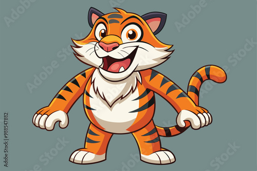 A cartoon tiger mascot character stands happily with a smile, showcasing its vibrant colors, a cartoon character cartoon tiger mascot character