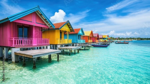 Colorful bungalows along a white sandy beach, with clear turquoise waters and a bright blue sky, perfect for travel and vacation.