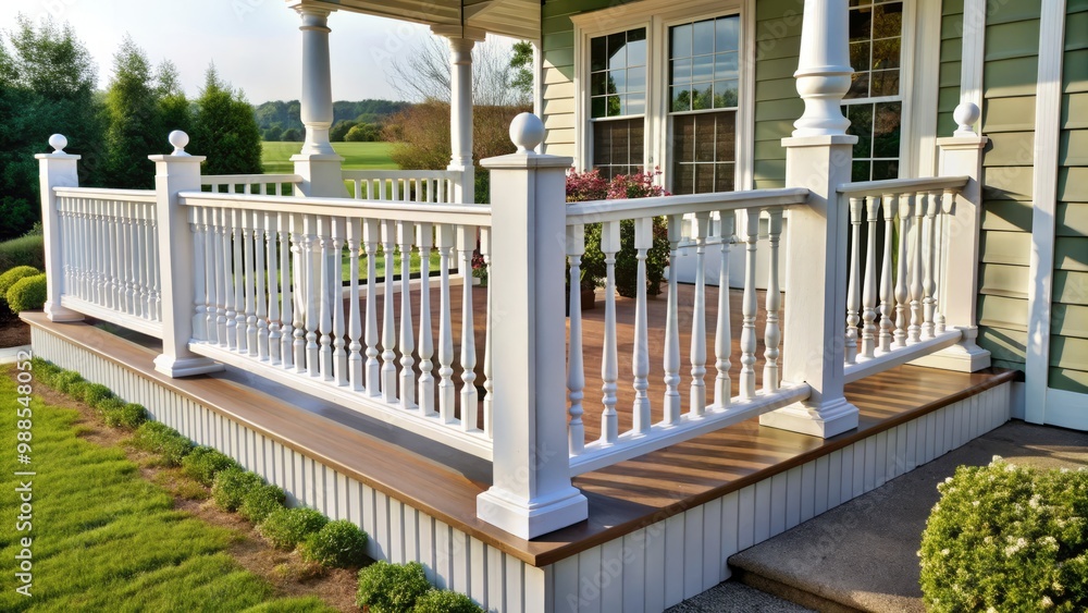White vinyl porch rails boast ornate spindles crafted with precision, paired with a decorative top cap that adds White vinyl porch rails boast ornate spindles crafted with precision, paired with a decorative top cap that adds