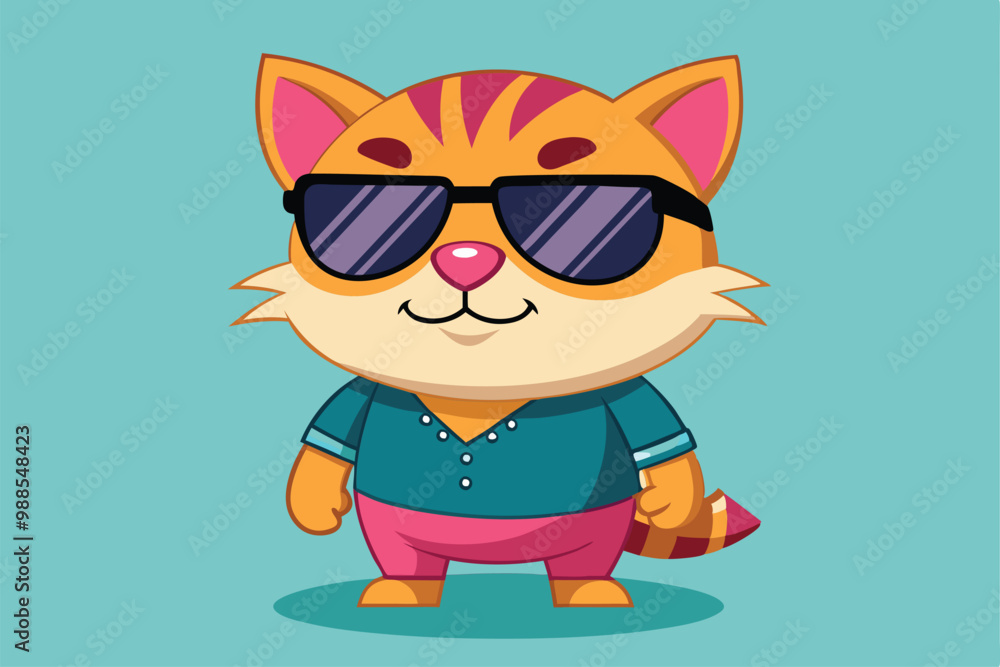 Fototapeta premium A stylish cartoon character with sunglasses poses confidently in bright colors and casual attire, a cartoon character cat Pig with sunglasses