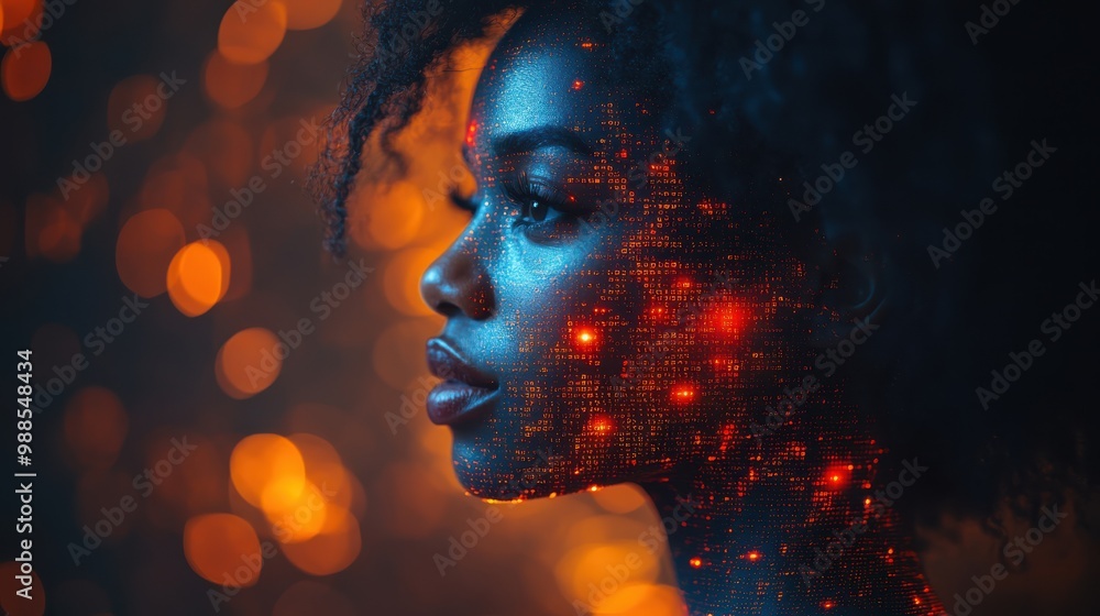 Woman’s face glowing with digital red elements in a dark background, symbolizing advanced cyber intelligence, futuristic AI, and high-tech innovation. Woman’s face glowing with digital red elements in a dark background, symbolizing advanced cyber intelligence, futuristic AI, and high-tech innovation.