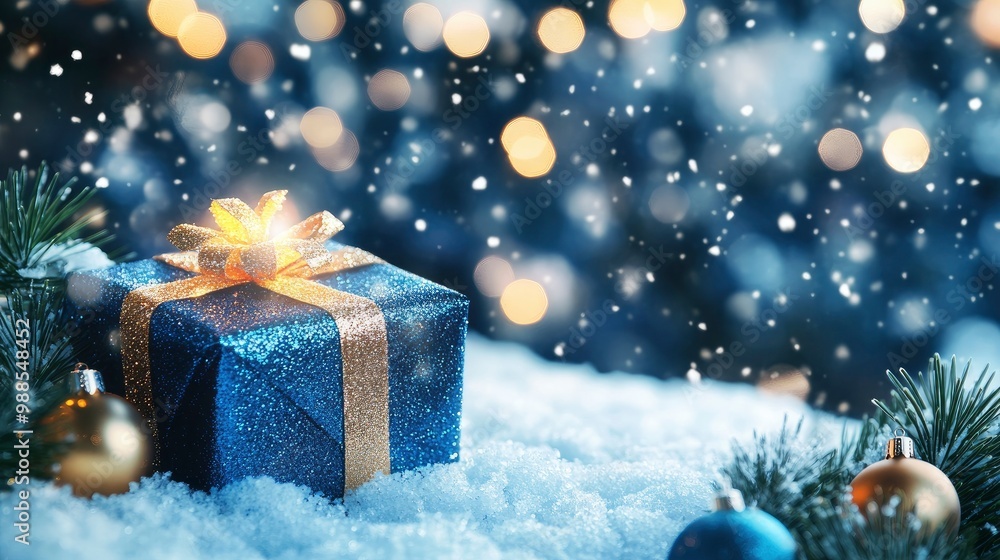 Christmas Card - Gift On Snow - Blue Snowing With Bokeh Lights And Ornament In Fir Branch with generative ai Christmas Card - Gift On Snow - Blue Snowing With Bokeh Lights And Ornament In Fir Branch with generative ai
