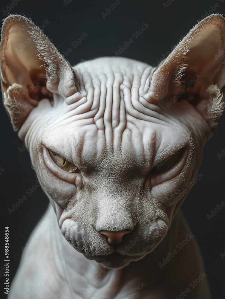 portrait of Canadian Sphynx cat angry face on dark background portrait of Canadian Sphynx cat angry face on dark background