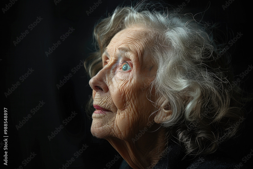 Elderly Woman with Gray Hair Gazing Upwards in Contemplation Against Dark Background Elderly Woman with Gray Hair Gazing Upwards in Contemplation Against Dark Background